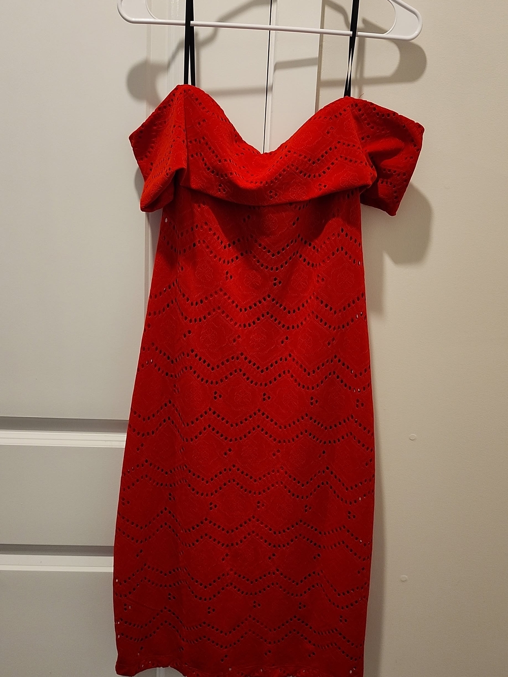 Strapless Red Eyelet Midi Dress